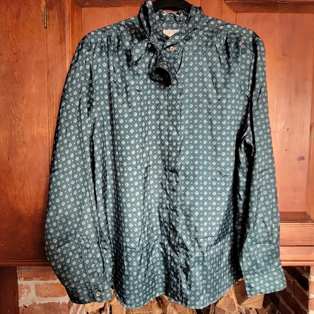 Peter Ashley Unlimited Green Pink Tie Blouse - Medium - Vintage